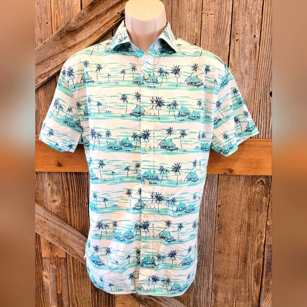 Men’s Crown And Ivy Stretch Beach Theme Print Short Sleeve Shirt sz M Medium ^